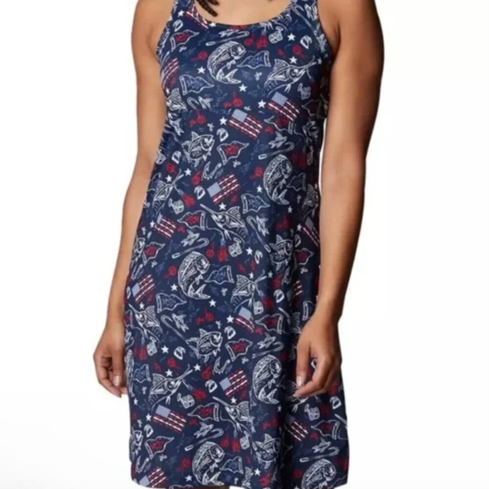 Columbia Dress Size 1X PFG Freezer III Fish Patriotic Stretch Sleeveless Hiking